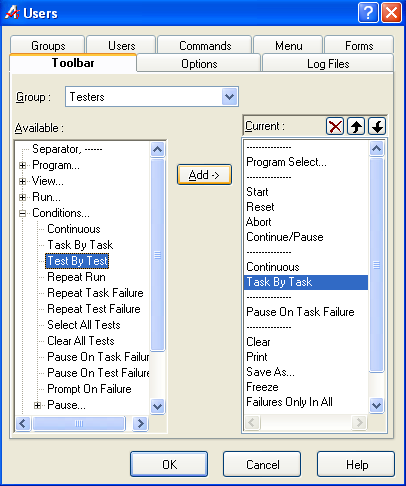 Clicking Add will add the Test by Test option to the Testers user group. Clicking Add will add the Test by Test option to the Testers user group.